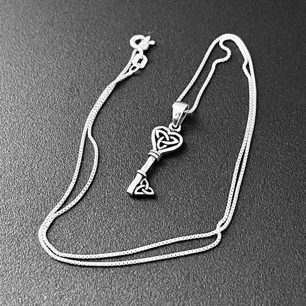 Sterling Silver Heart Triquetra Key Necklace, Silver Chain, Celtic Necklaces, Love Hearts
