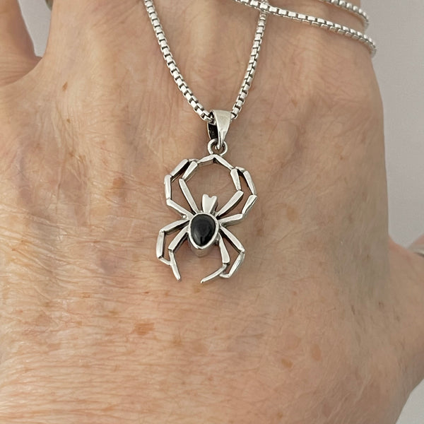Sterling Silver Unisex Black Onyx Spider Necklace, Bug Necklaces, Silver chain, Bugs