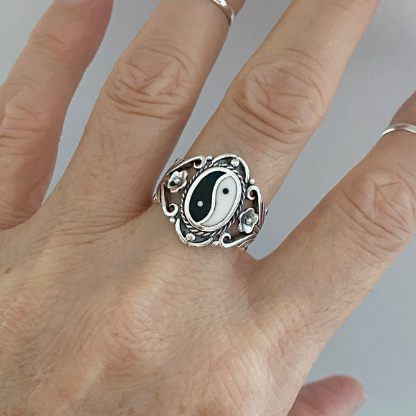 Sterling Silver Large Yin and Yang Ring with Flower, Yoga Rings, Boho Ring, Statement Ring