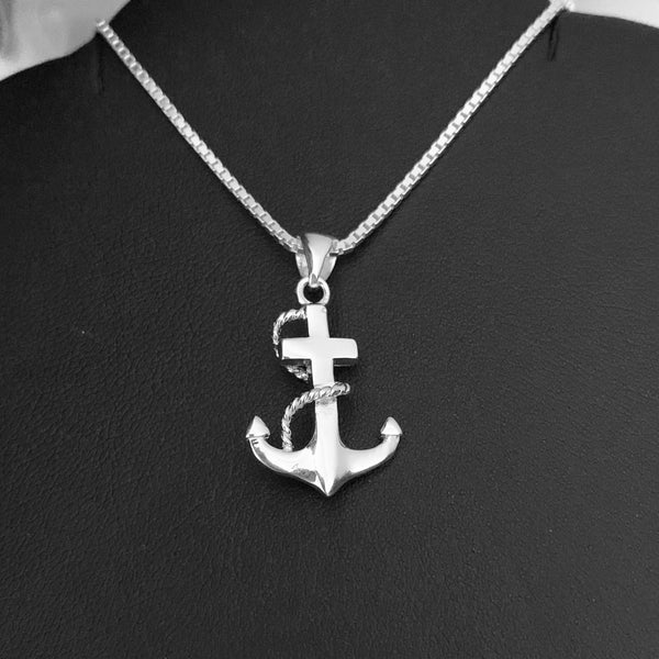 Sterling Silver Rope Wraparound Cross Anchor Necklace, Silver Necklaces, Boat Necklace, Religious Necklace