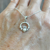 Sterling Silver Small Claddagh Necklace, Silver Chain, Heart Necklaces, Crown, Hands