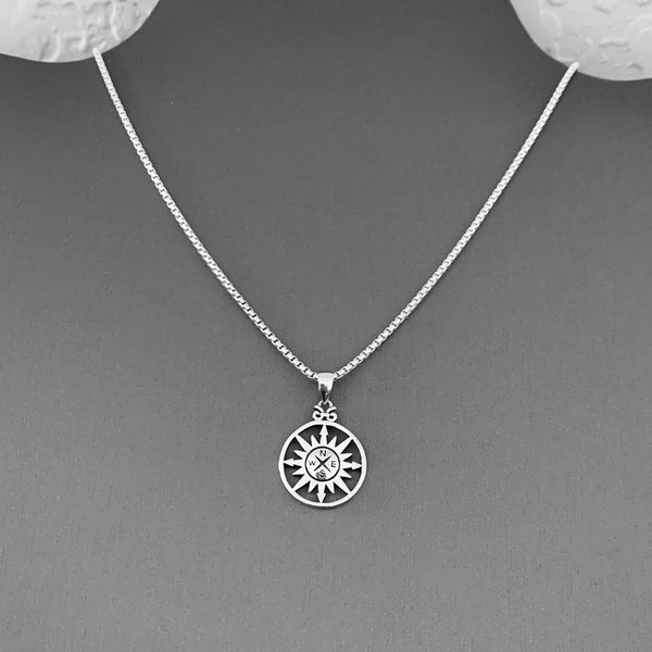 Sterling Silver Sun and Compass Necklace, Silver Chain, Sun Necklace, Map Chains