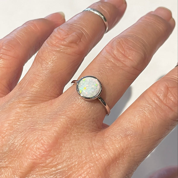 Sterling Silver Round White Lab Opal Ring, Silver Ring, Ring, Opal Ring, Wedding Ring