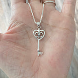 Sterling Silver Key Heart Fleur De Lis Necklace, Silver Chain, Saints, France, Lily Flower Necklaces