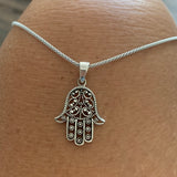 Sterling Silver Flower Hamsa Necklace, Silver Chain, Hand Of God Necklaces, Hand of Fatima