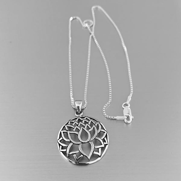 Sterling Silver Large Silhouette Lotus Necklace, Silver Necklace, Flower Necklace, Boho Necklace