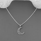Sterling Silver Heart Crescent Moon Necklace, Silver Chain, Celestial Necklaces, Hearts