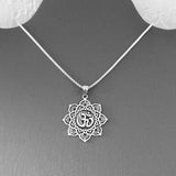 Sterling Silver Large Lotus OM Necklace, Silver Necklace, Lotus Necklace, Flower Necklace