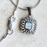 Sterling Silver Square White Lab Opal and Clear CZ Necklace, Silver Necklaces, Opal Necklace