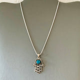 Sterling Silver Chrysocolla Hamsa Necklace, Silver Chain, Hand Of God Necklaces