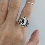 Sterling Silver Large Yin and Yang Ring with Flower, Yoga Rings, Boho Ring, Statement Ring