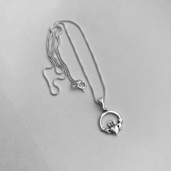 Sterling Silver Small Claddagh Necklace, Silver Chain, Heart Necklaces, Crown, Hands