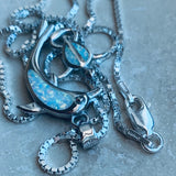 Sterling Silver White Lab Opal Dolphin and Turtle Necklace, Silver Necklaces, Ocean Necklace