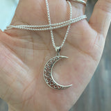 Sterling Silver Large Crescent Moon Heart Necklace, Silver Chain, Celestial Necklaces, Hearts
