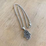 Sterling Silver Flower Hamsa Necklace, Silver Chain, Hand Of God Necklaces, Hand of Fatima