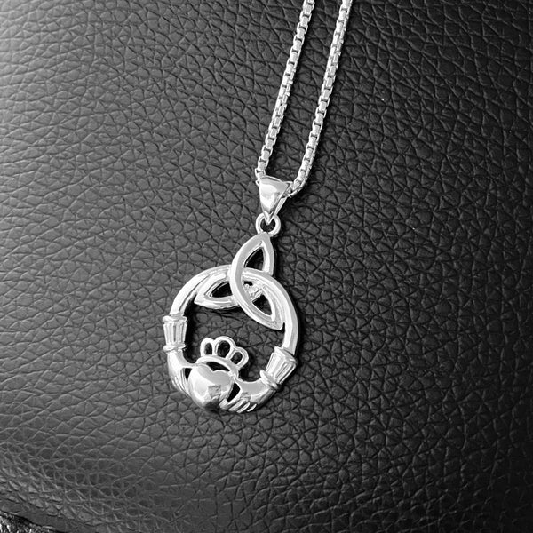 Sterling Silver Large Irish Claddagh Necklace with Triquetra, Silver Chain, Friendship, Celtic Chains