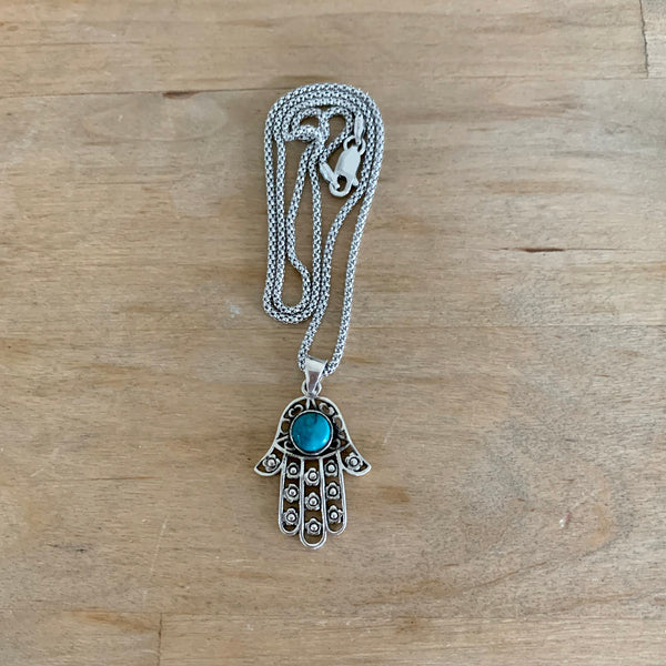 Sterling Silver Chrysocolla Hamsa Necklace, Silver Chain, Hand Of God Necklaces
