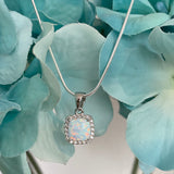 Sterling Silver Square White Lab Opal and Clear CZ Necklace, Silver Necklaces, Opal Necklace