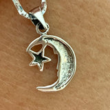 Sterling Silver Small Moon Face and Star Necklace, Silver Chain, Celestial Necklaces, Stars