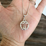 Sterling Silver Large Irish Claddagh Necklace with Triquetra, Silver Chain, Friendship, Celtic Chains