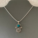 Sterling Silver Chrysocolla Hamsa Necklace, Silver Chain, Hand Of God Necklaces