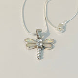 Sterling Silver White Lab Opal and Clear CZ Dragonfly Necklace, Silver Necklace, Happiness Necklace, Boho Necklace