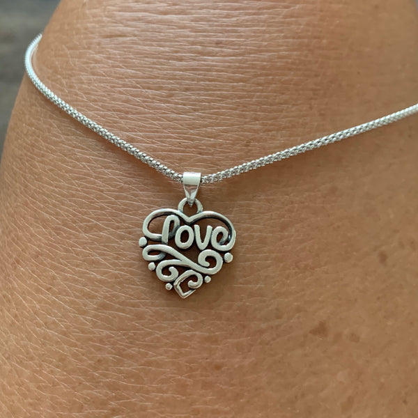 Sterling Silver Love Heart Necklace with Swirls, Silver Chain, Eternity Necklaces