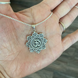 Sterling Silver Large Lotus OM Necklace, Silver Necklace, Lotus Necklace, Flower Necklace