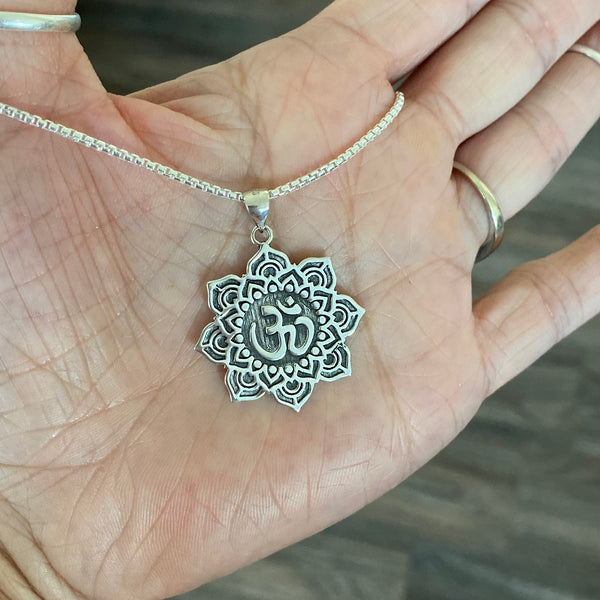 Sterling Silver Large Lotus OM Necklace, Silver Necklace, Lotus Necklace, Flower Necklace