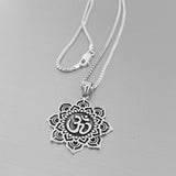 Sterling Silver Large Lotus OM Necklace, Silver Necklace, Lotus Necklace, Flower Necklace
