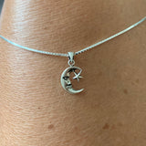 Sterling Silver Small Moon Face and Star Necklace, Silver Chain, Celestial Necklaces, Stars
