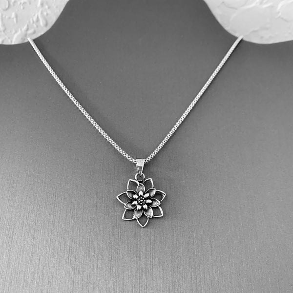 Sterling Silver Blooming Lotus Necklace, Silver Chain, Flower Necklaces, Yoga Chains