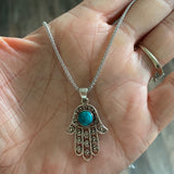 Sterling Silver Chrysocolla Hamsa Necklace, Silver Chain, Hand Of God Necklaces