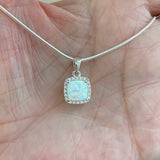 Sterling Silver Square White Lab Opal and Clear CZ Necklace, Silver Necklaces, Opal Necklace