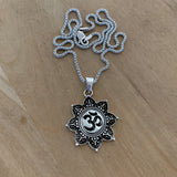 Sterling Silver Tibetan OM in Lotus Necklace, Silver Necklace, Flower Necklace, Boho Necklace