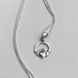 Sterling Silver Small Claddagh Necklace, Silver Chain, Heart Necklaces, Crown, Hands
