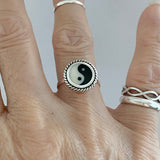 Sterling Silver Round Yin and Yang Ring with Braid, Yoga Ring, Boho Ring, Silver Ring