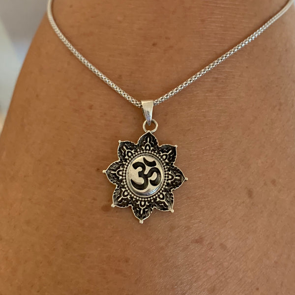 Sterling Silver Tibetan OM in Lotus Necklace, Silver Necklace, Flower Necklace, Boho Necklace