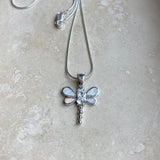 Sterling Silver White Lab Opal and Clear CZ Dragonfly Necklace, Silver Necklace, Happiness Necklace, Boho Necklace