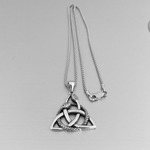 Sterling Silver Triquetra and Snake Necklace, Silver Chain, Celtic Necklaces, Animal Chains