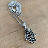 Sterling Silver Flower Hamsa Necklace, Silver Chain, Hand Of God Necklaces, Hand of Fatima
