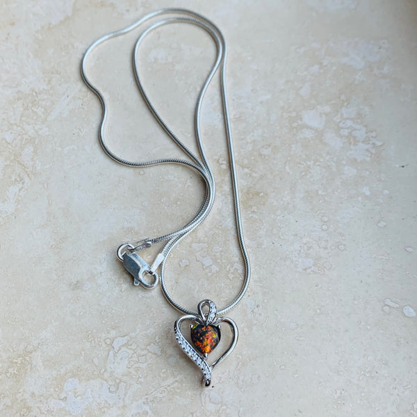 Sterling Silver Black Lab Opal CZ Heart Necklace, Silver Chain, Love Necklaces