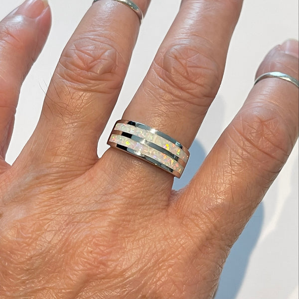 Lab-Created Fire Opal Band Ring – Sterling Silver 925, Blue Rectangular Stone, Bezel Set, Multiple UK Sizes (L N P R T V)