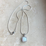 Sterling Silver Square White Lab Opal and Clear CZ Necklace, Silver Necklaces, Opal Necklace