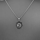 Sterling Silver Tibetan OM in Lotus Necklace, Silver Necklace, Flower Necklace, Boho Necklace