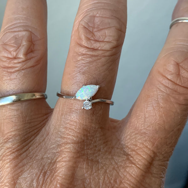 thumbnail interactive-video image 1 of 925 Sterling Silver Fire Opal Ring – White Round Opal, Women's Bridal Jewelry – Sizes 6-10 1 of 6