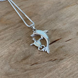 Sterling Silver White Lab Opal Dolphin and Turtle Necklace, Silver Necklaces, Ocean Necklace