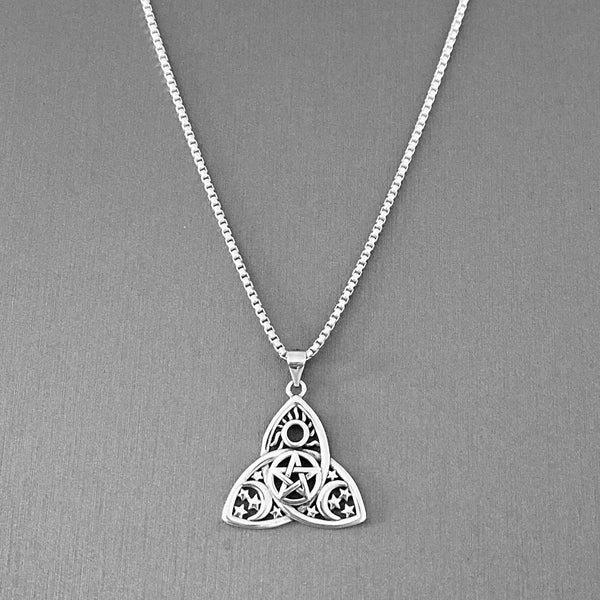 Sterling Silver Triquetra Pentagram Necklace, Silver Chain, Triquetra Necklaces, Moon and Star Chains