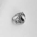 Sterling Silver Large Yin and Yang Ring with Flower, Yoga Rings, Boho Ring, Statement Ring