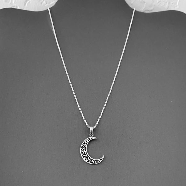Sterling Silver Heart Crescent Moon Necklace, Silver Chain, Celestial Necklaces, Hearts